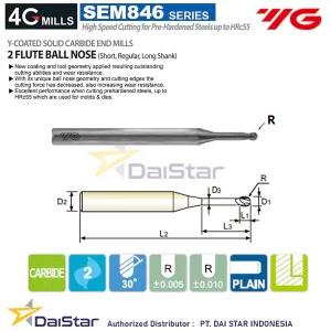 SEM846 Series 4G MILL Carbide Ballnose Long Neck 2 Flute YG1