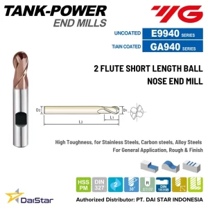 E99040/GA940 - TANK POWER HSS-PM Ballnose Endmill 2 Flute Short YG-1