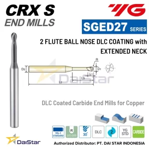 SGED27 Series CRX S - Solid Carbide Ball Nose DLC Coating Endmill 2 Flute With Extended Neck YG-1