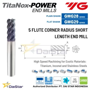 GMG28/GMG29 Series TITANOX - Carbide Corner Radius Endmill 5 Flute Short Length YG-1