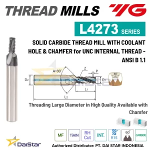 L4273 Series - Solid Carbide Thread Mill with Coolant Hole & Chamfer for UNC Internal Thread - ANSI B 1.1 YG1