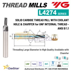 L4274 Series - Solid Carbide Thread Mill with Coolant Hole & Chamfer for UNF Internal Thread - ANSI B 1.1 YG1
