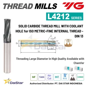 L4212 Series - Solide Carbide Thread Mill with Coolant Hole for Iso Metric - Fine Internal Thread - DIN 13 YG1