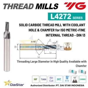L4272 Series - Solid Carbide Thread Mill With Coolant Hole & Chamfer for ISO Metric - Fine Internal Thread - DIN 13 YG1